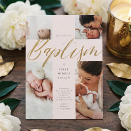 Invitación Collage de fotos de caligrafía de oro Cruz de baut