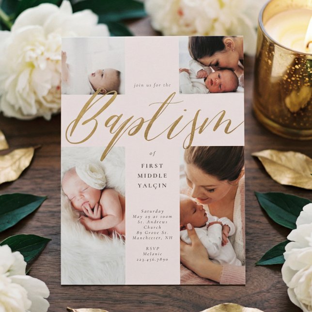 Invitación Collage de fotos de caligrafía de oro Cruz de baut (Gold Calligraphy Photo Collage Baby Baptism Cross Invitation)