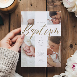 Invitación Collage de fotos de caligrafía de oro Cruz de baut