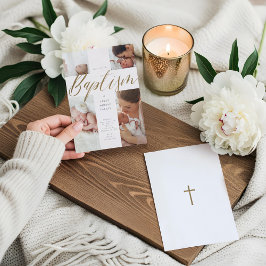 Invitación Collage de fotos de caligrafía de oro Cruz de baut