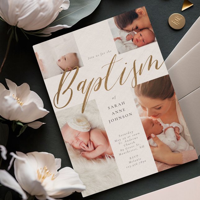 Invitación Collage de fotos de caligrafía de oro Cruz de baut (Gold Calligraphy Photo Collage Baby Baptism Cross Invitation)
