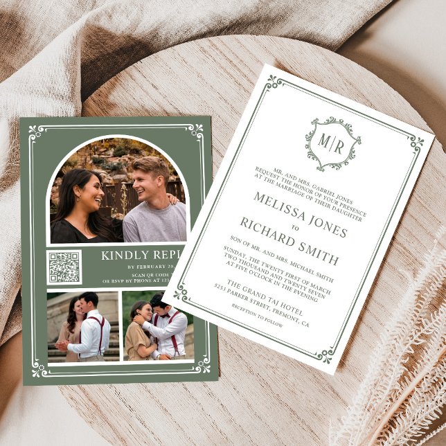 Invitación Collage de fotos de código QR monograma Boda verde (Subido por el creador)