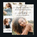 Invitación Collage de fotos de Confetti de oro blanco dulce 1<br><div class="desc">Esta invitación a tomar fotos de la fiesta de cumpleaños de 16 años, dulce y bonito, es perfecta para el chica moderno y elegante. Presenta un confetti purpurina con impresiones falsas y oro brillante sobre un gradiente de foto en blanco y grande con elegante tipografía de escritura cursiva manuscrita negra....</div>