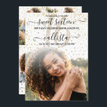 Invitación Collage de fotos de Confetti de oro blanco dulce 1<br><div class="desc">Esta invitación a tomar fotos de la fiesta de cumpleaños de 16 años, dulce y bonito, es perfecta para el chica moderno y elegante. Presenta un confetti purpurina con impresiones falsas y oro brillante sobre un gradiente de foto en blanco y grande con elegante tipografía de escritura cursiva manuscrita negra....</div>