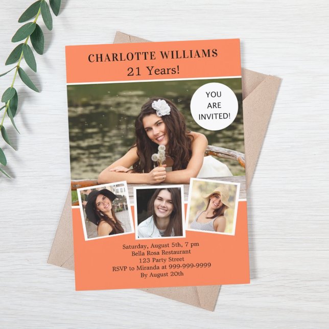 Invitación Collage de fotos de coral de fiesta de cumpleaños (Subido por el creador)