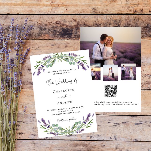 Invitación Collage de fotos de florines de lavanda boda QR RS (Subido por el creador)