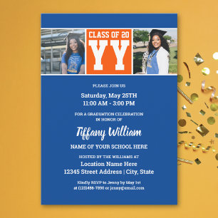 Invitación Collage de fotos de graduación azul naranja de la