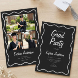 Invitación Collage de Fotos de Graduación con Carbón Negro Mo