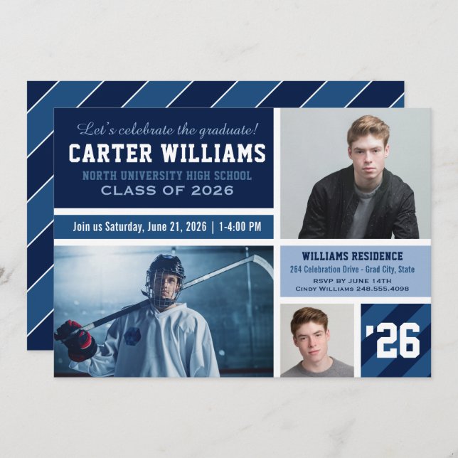 Invitación Collage de fotos de graduación con rayas azules de (Anverso / Reverso)