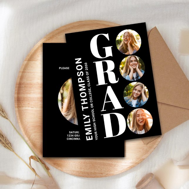 Invitación Collage de fotos de graduación en blanco y negro (Graduate "GRAD" typography photo collage invitation announcement. )