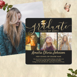 Invitación Collage de fotos de graduación moderno en negro y