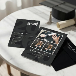 Invitación Collage de Fotos de Graduación Negro Minimalista M