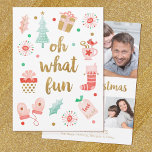 Invitación Collage de fotos de Modern Merry Christmas<br><div class="desc">Una tarjeta de Navidades de collage de fotos de bonito con el mensaje, Oh Qué Diversión en la parte delantera de la tarjeta. Está decorado con ilustraciones acuáticos de regalos, mitones, un caldo de Navidades y un árbol de Navidad. Personalízalo con 4 de tus fotos familiares favoritas, y tus nombres...</div>