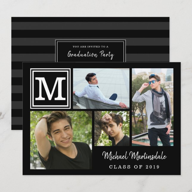 Invitación Collage de fotos de monograma de graduación negro (Anverso / Reverso)