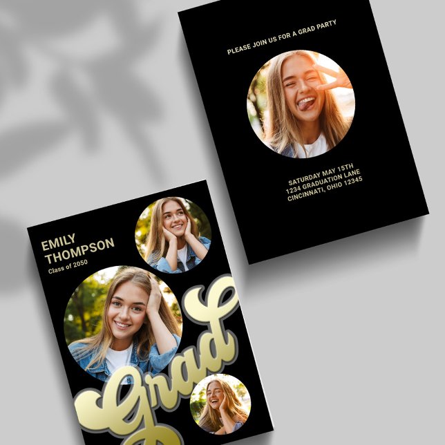 Invitación Collage de fotos de oro retro moderno y elegante (Grad graduate gold typography photo card template. with a four-photo template. )