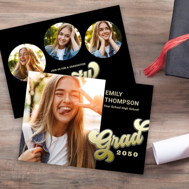 Invitación Collage de fotos de oro retro moderno y elegante (Graduation Gold "grad" Retro typography script modern black and gold.)