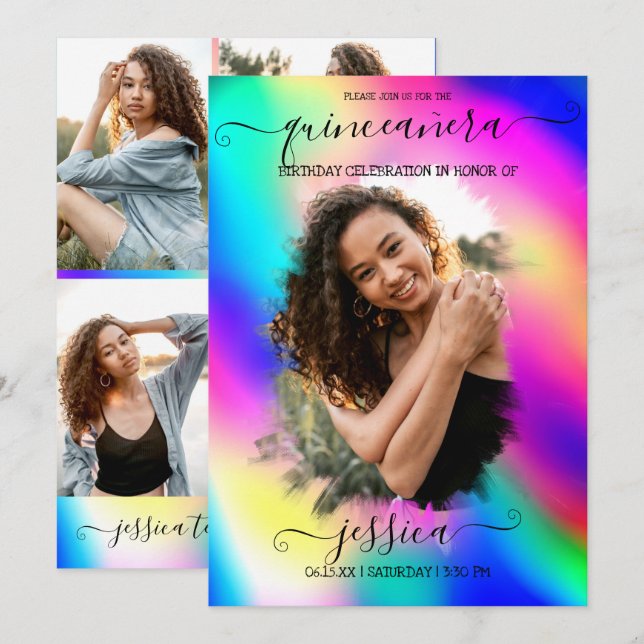 Invitación Collage de fotos Holográfico Neon Unicorn Quinceañ (Anverso / Reverso)