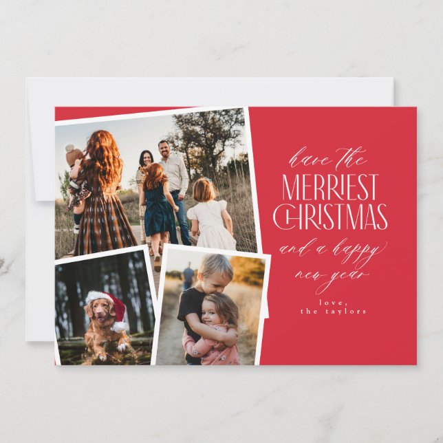 Invitación Collage de fotos Merriest Navidades Rojo y Blanco (Anverso)