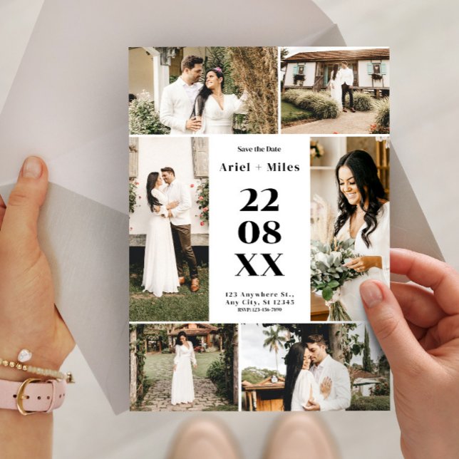 Invitación Collage de Fotos Moderno para Salvar la Fecha de B (Modern Photo Collage Save the Date Wedding Invitation, Custom Photo Wedding)