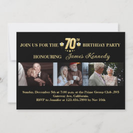 Invitación Collage de fotos Negro y Oro 70 cumpleaños