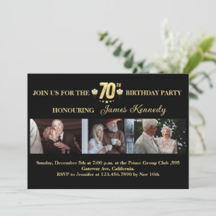 Invitación Collage de fotos Negro y Oro 70 cumpleaños