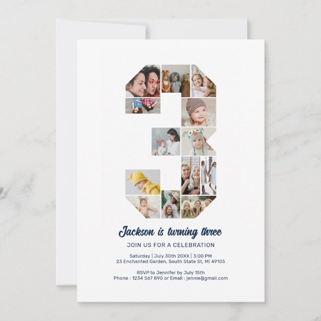 Invitación Collage de fotos Personalizado de tercer cumpleaño (Anverso)
