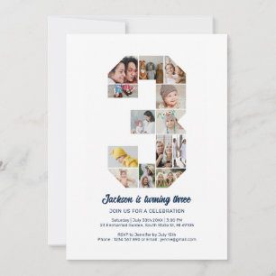 Invitación Collage de fotos Personalizado de tercer cumpleaño