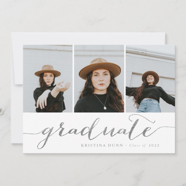 Invitación Collage de fotos plateado con guión de graduado |  (Anverso)