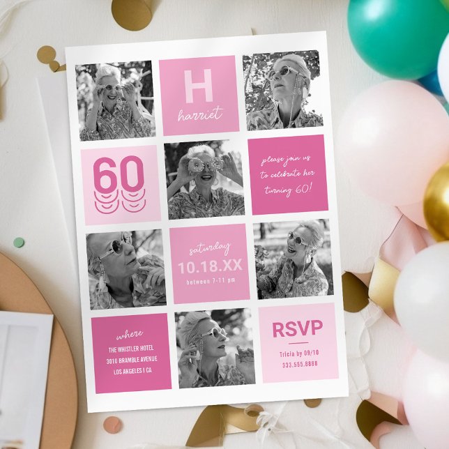 Invitación Collage de fotos rosa moderno 60 cumpleaños (Subido por el creador)