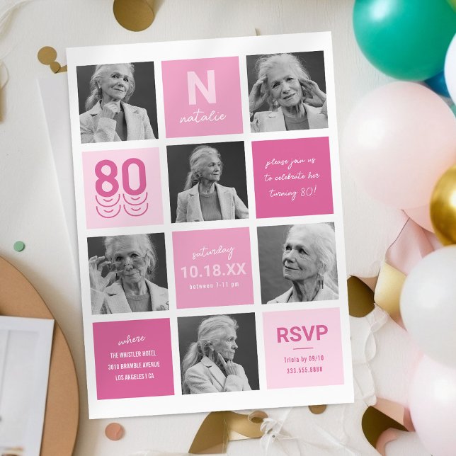Invitación Collage de fotos rosa moderno 80 cumpleaños (Subido por el creador)