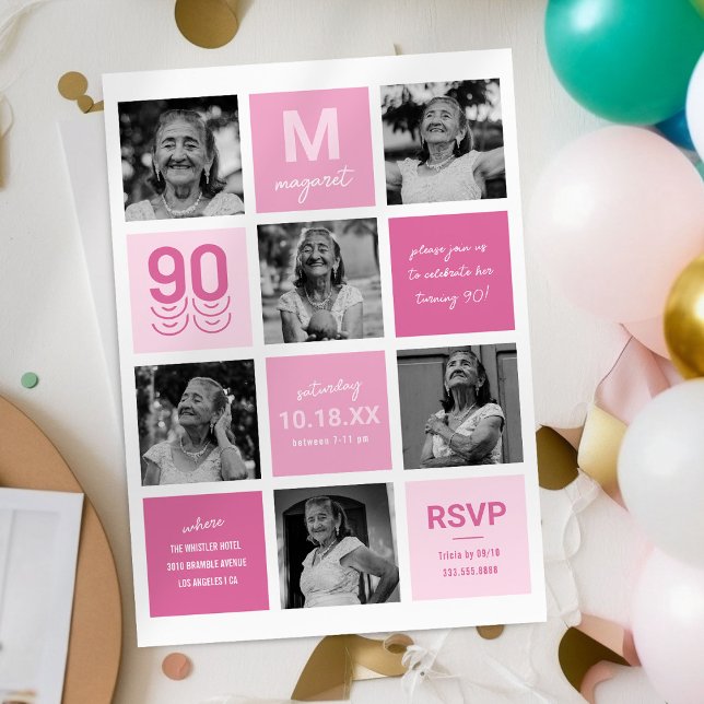 Invitación Collage de fotos rosa moderno 90 cumpleaños (Subido por el creador)