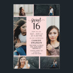 Invitación Collage de fotos rosa Rubor dulce dieciséis<br><div class="desc">Moda dulce invitación 16 con un collage de fotos con espacio para seis de tus propias fotos del chica de cumpleaños. Añade tu texto de invitación y detalles en fuentes negras con un fondo rosa negro. La parte posterior presenta una impresión rosa opaco con un efecto acuarela tenue.</div>