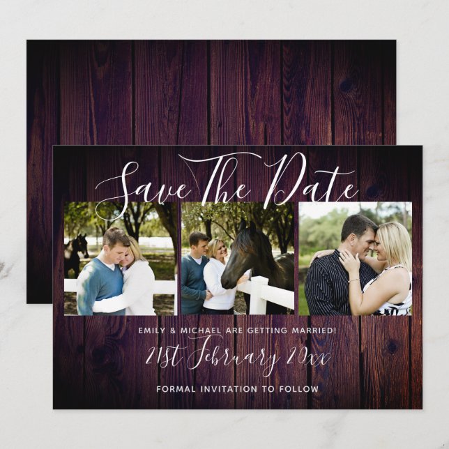 Invitación Collage de fotos Rústico Púrpura Salvar Al Boda De (Anverso / Reverso)