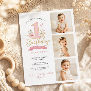 Invitación Collage de Fotos Vertical Moderno Cumpleaños 1 Niñ