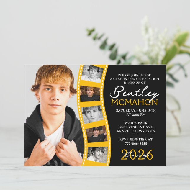 Invitación Collage de Graduación de Tira de Fotos Black & Gol (Anverso de pie)