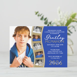 Invitación Collage de graduación de tira de película azul y b