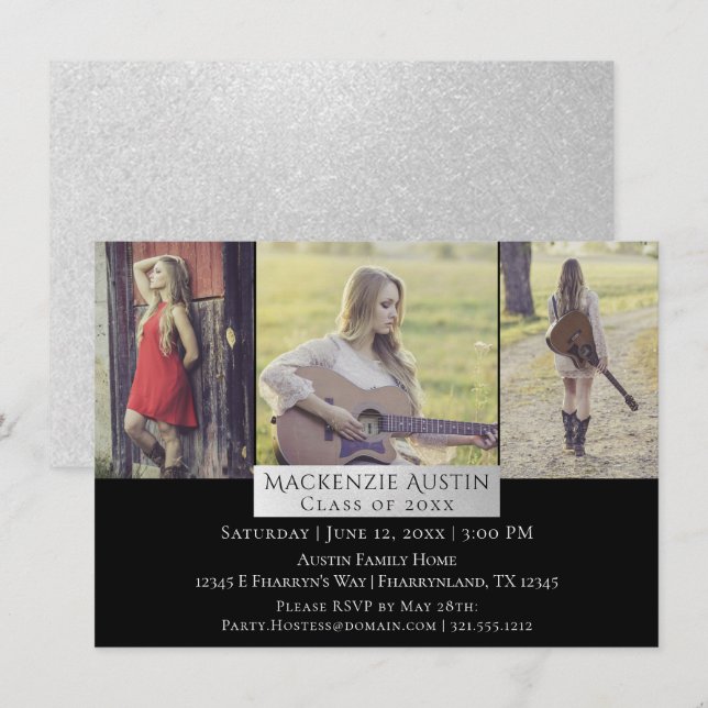 Invitación Collage de graduación | Moda plateada triple 3 Fot (Anverso / Reverso)