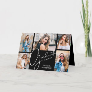 Invitación Collage de graduación negro plegado de 5 fotos