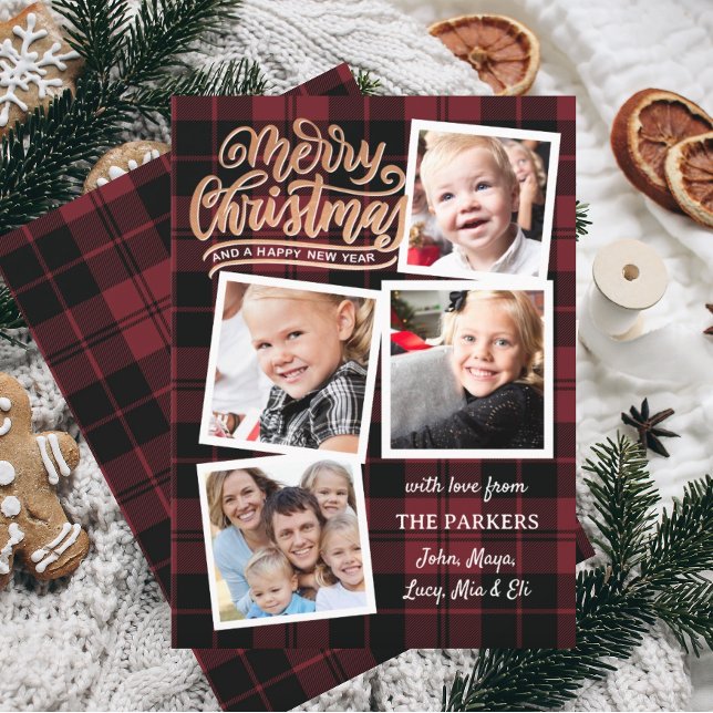 Invitación Collage de Navidades dorados de Red Plaid (christmas card, plaid christmas card, download christmas card, instant download christmas card)