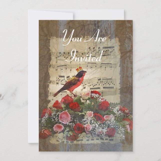 Invitación Collage de pájaro rojo en una hoja de música vinta (Anverso)
