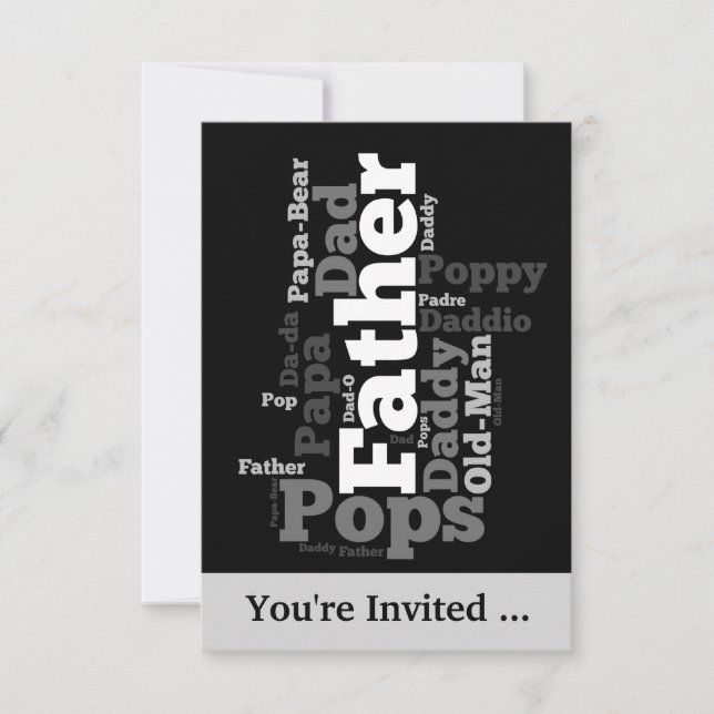 Invitación Collage de palabras del padre blanco y negro (Anverso)