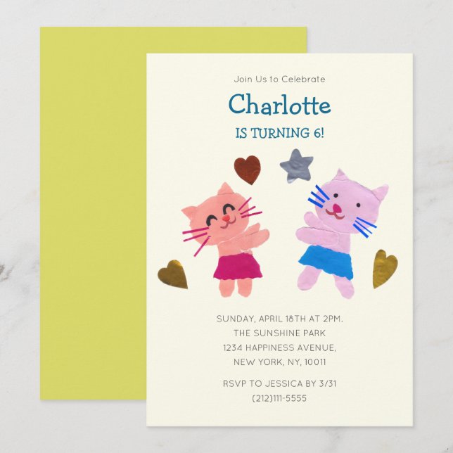 Invitación Collage de Papel Amarillo juguetón Gatos Niños Cum (Anverso / Reverso)