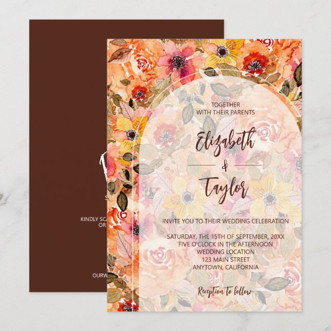 Invitación Collage floral otoñal todo en una boda (Anverso / Reverso)