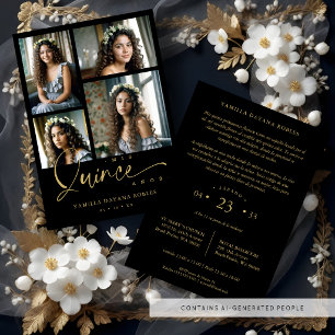 Invitación Collage Quinceañera de moda negra española 4 fotos