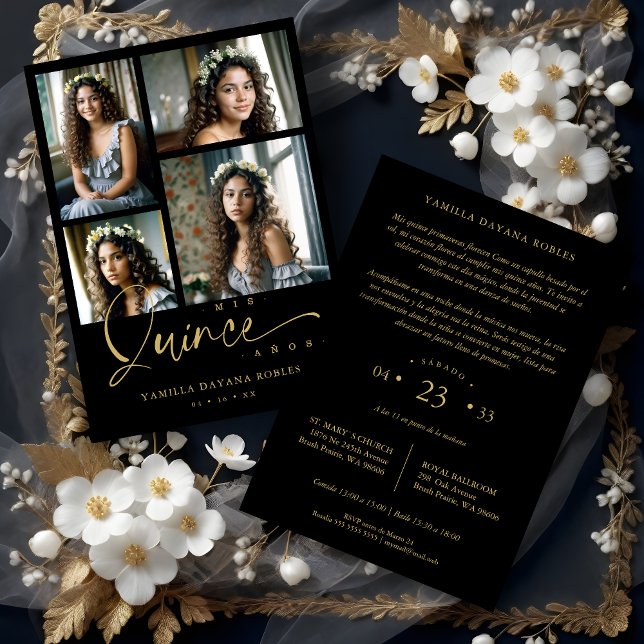 Invitación Collage Quinceañera de moda negra española 4 fotos (Spanish Black Trendy Quinceañera Collage 4 Photos Invitation Card.)