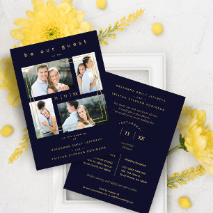 Invitación Collage Wedding 4 photos Navy Blue Trendy 