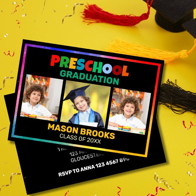 INVITACIÓN COLLAJE DE FOTOS DE GRADUADO DE PREESCOLAR COLORID (Bright preschool Graduation Invitation with a rainbow border and three photo slots. Personalize it)
