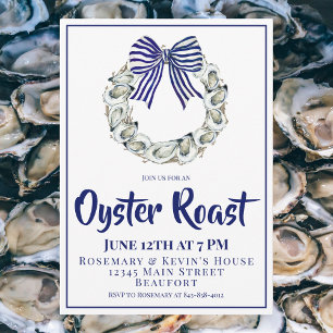 Invitación Collar de ostras Cinta azul rayada Asado de ostras