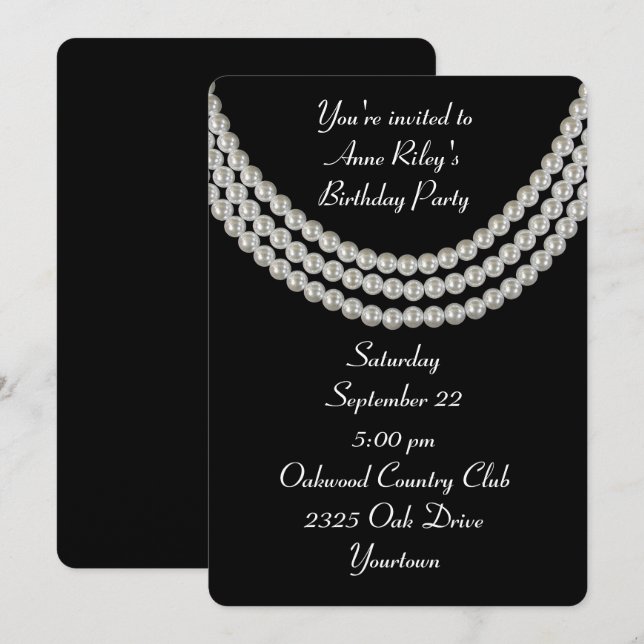 Invitación Collar de perla blanca de fiesta de cumpleaños sob (Anverso / Reverso)