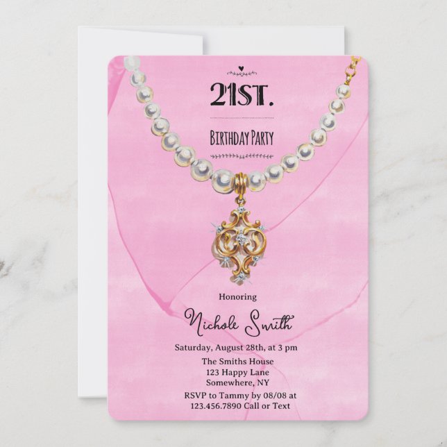 Invitación Collar de Perla Rosa Cumpleaños 21 (Anverso)